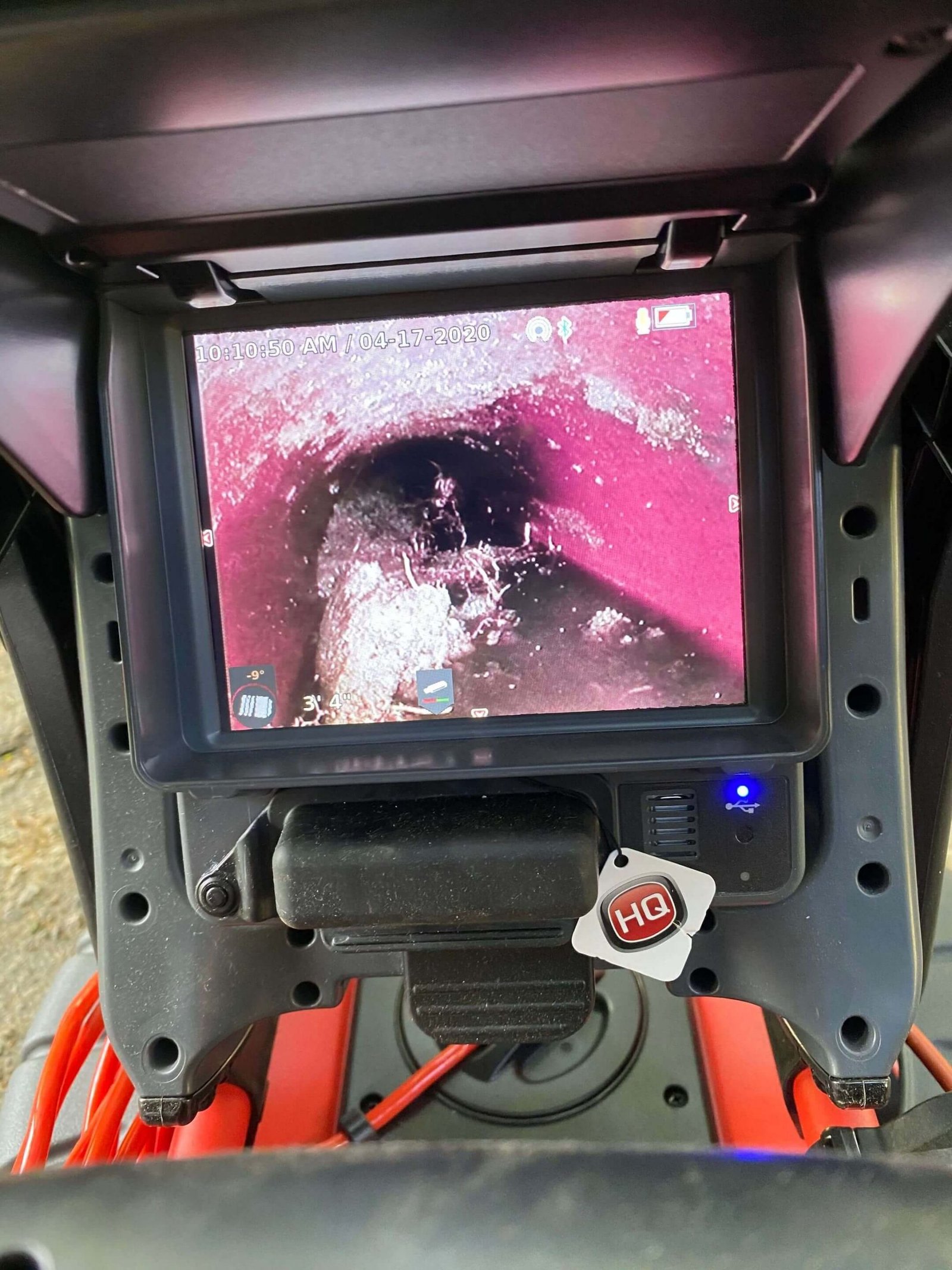 Sewer camera inspection monitor showing the inside of a drain line